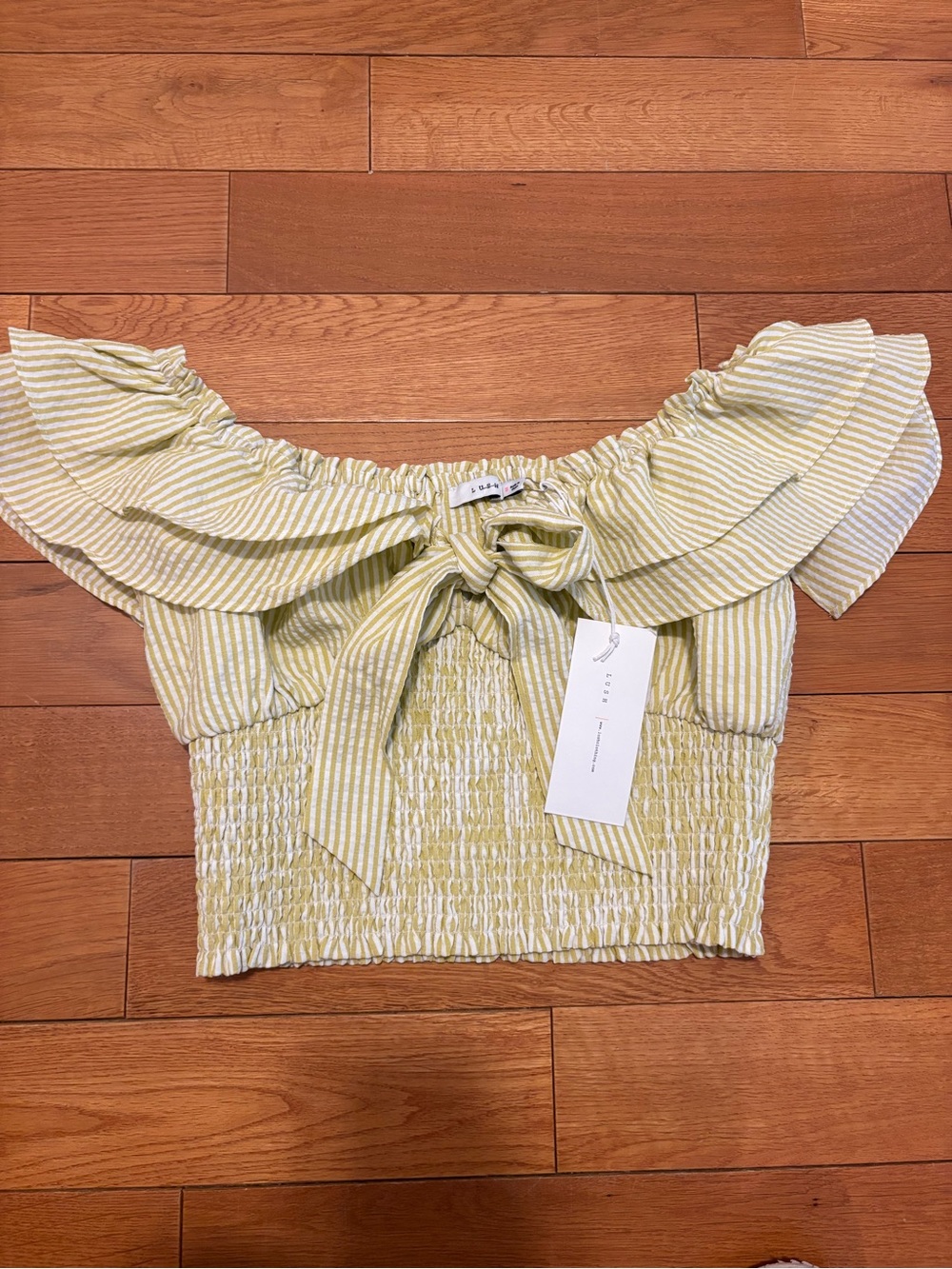 Lush yellow top, ruffles bow ruched, crop. Size S